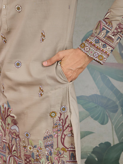 Elegant Beige Embroidered Kurta with Dupatta