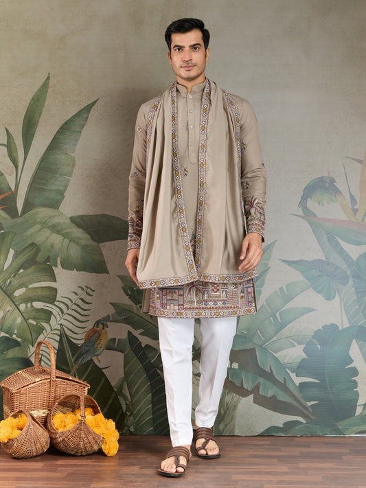 Elegant Beige Embroidered Kurta with Dupatta