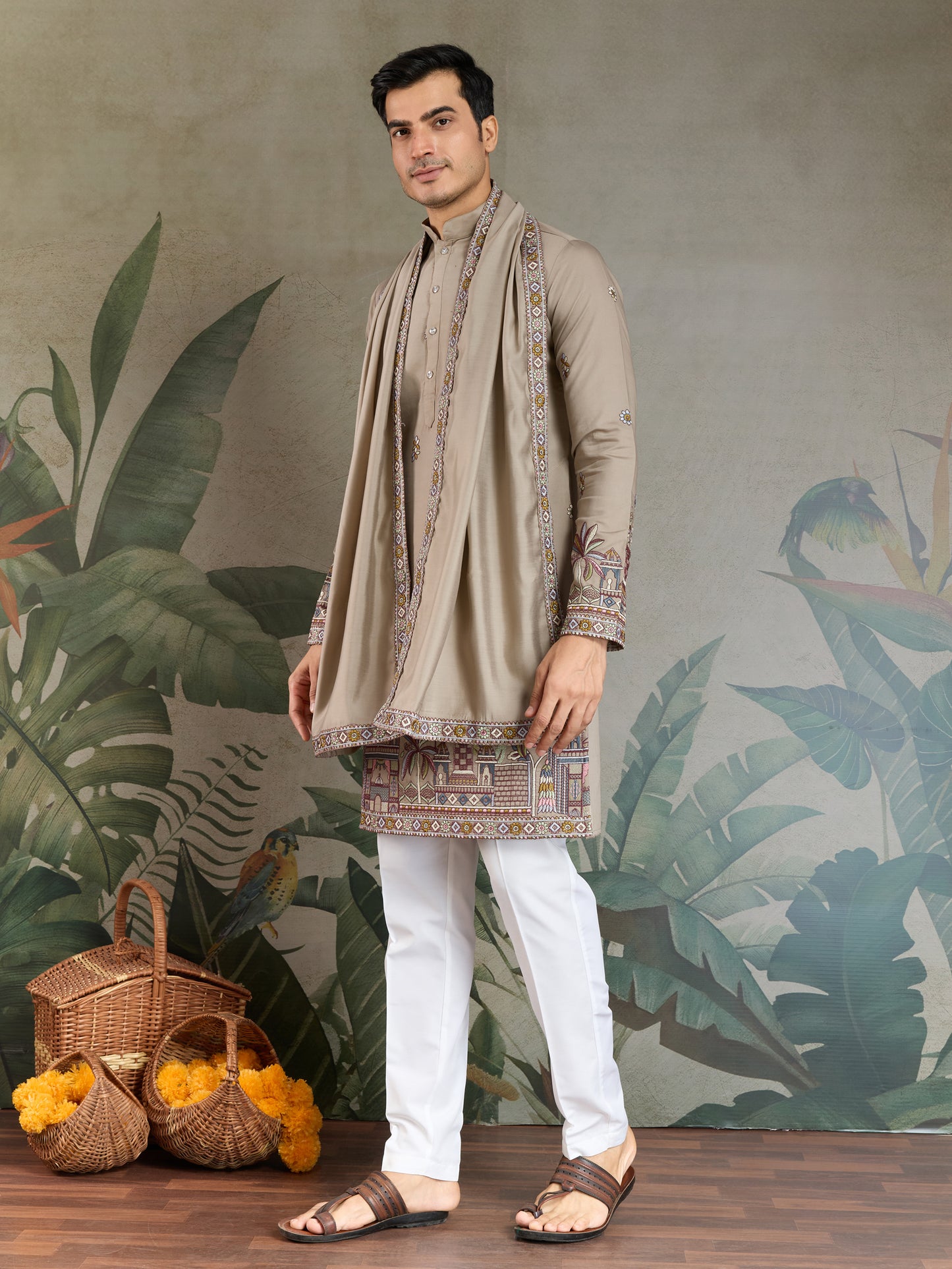 Elegant Beige Embroidered Kurta with Dupatta