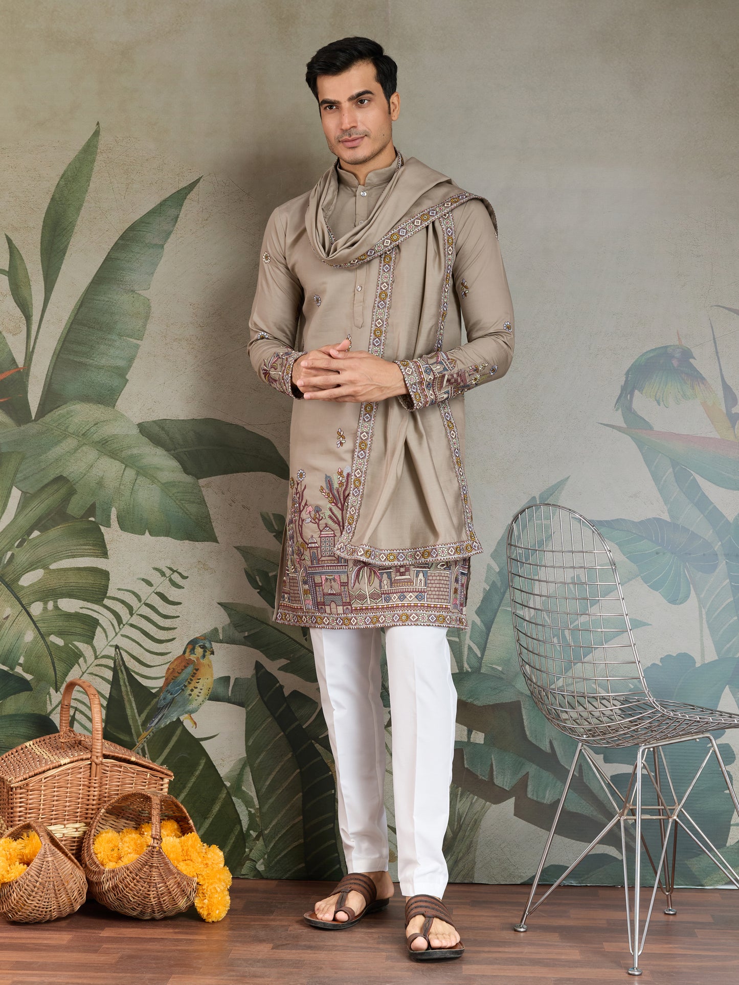 Elegant Beige Embroidered Kurta with Dupatta