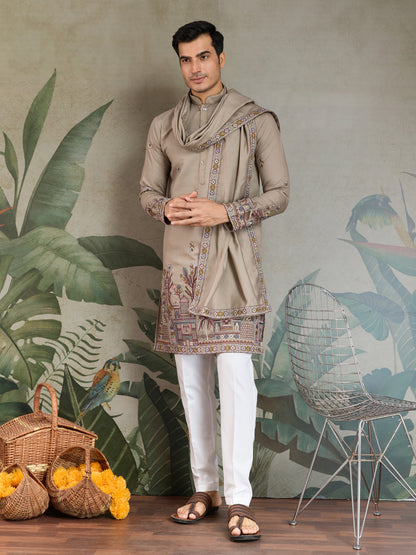 Elegant Beige Embroidered Kurta with Dupatta