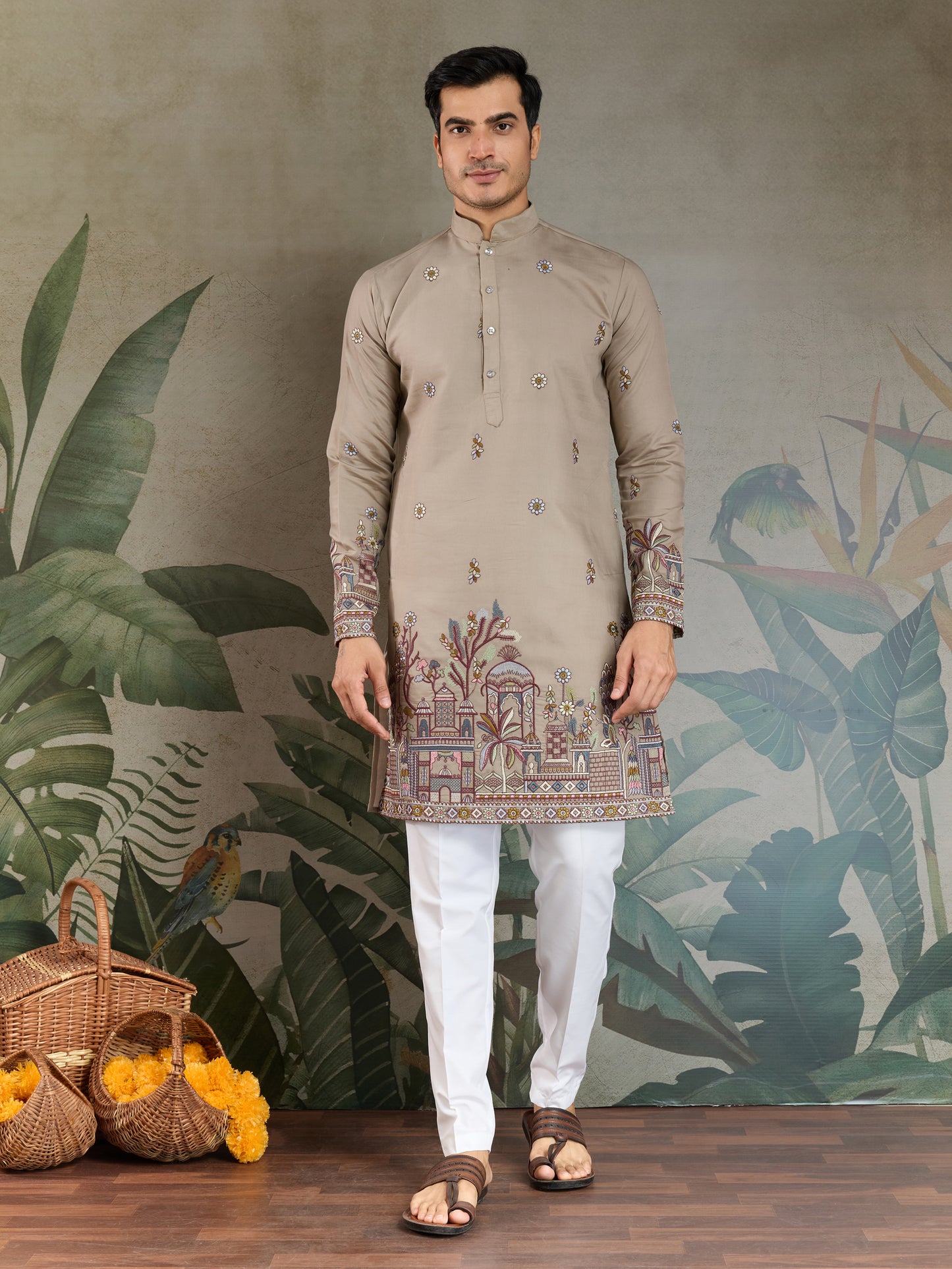 Elegant Beige Embroidered Kurta with Dupatta
