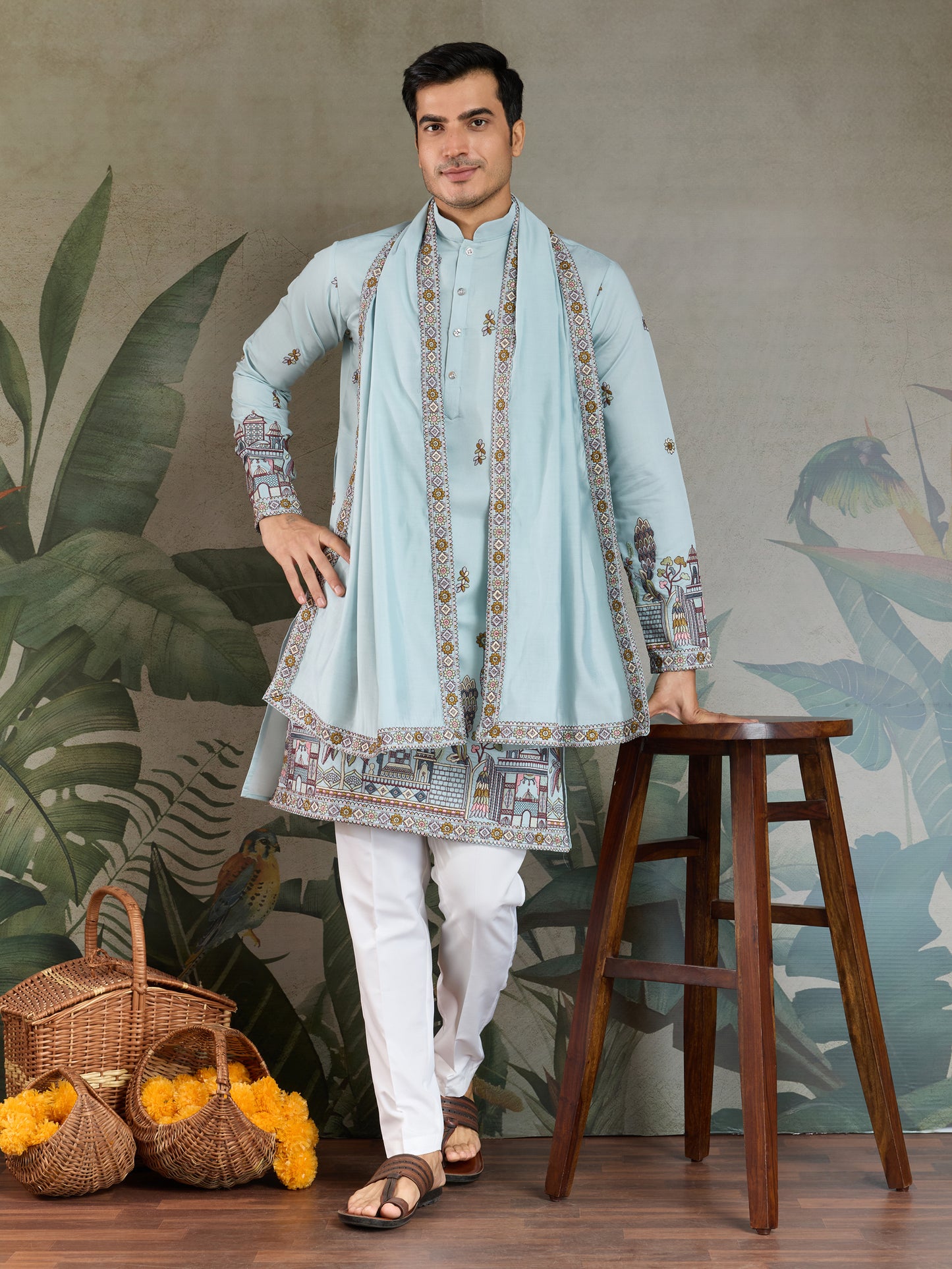 Sky Blue Embroidered Kurta with Dupatta – Festive & Wedding Wear