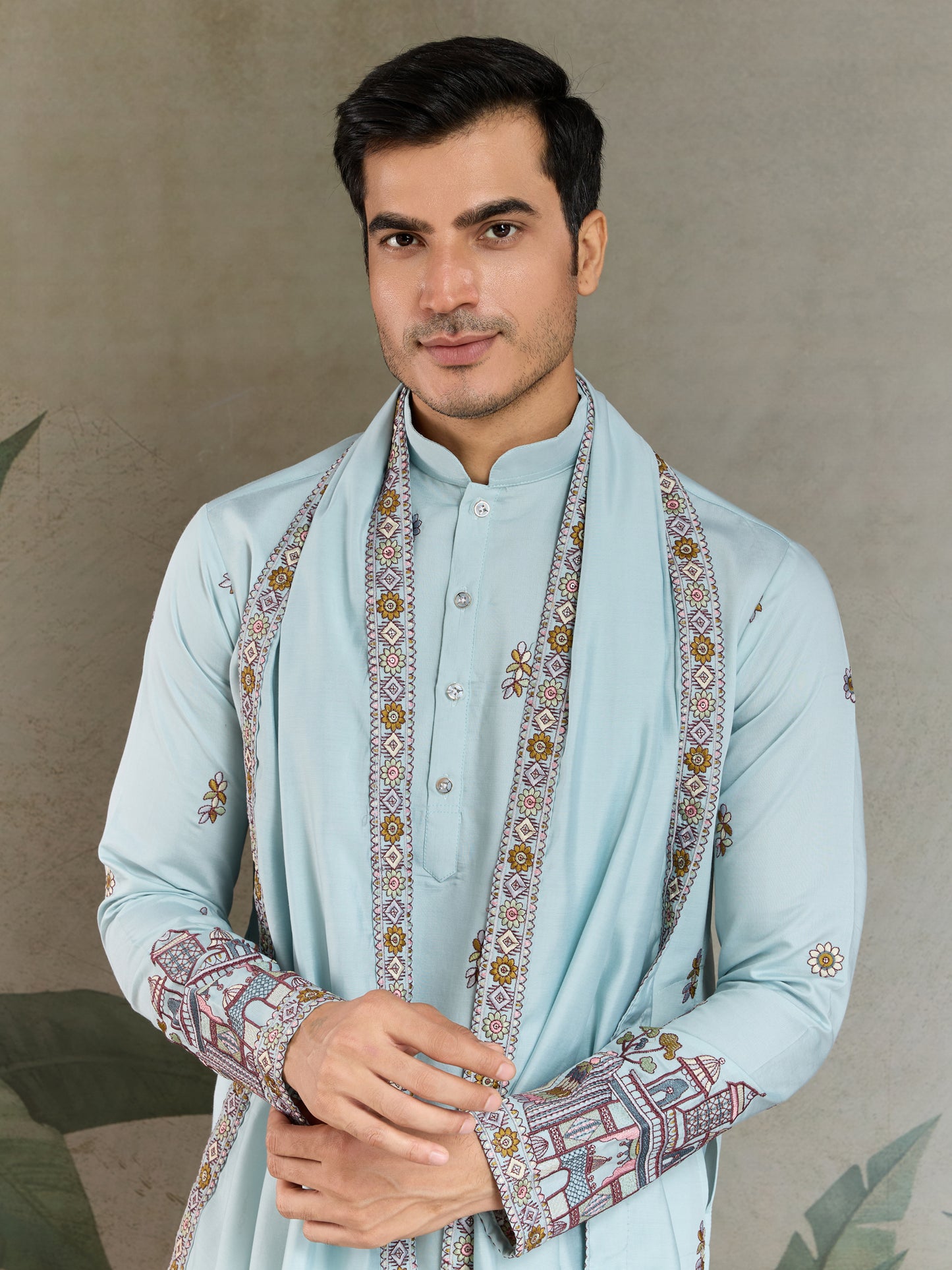 Sky Blue Embroidered Kurta with Dupatta – Festive & Wedding Wear