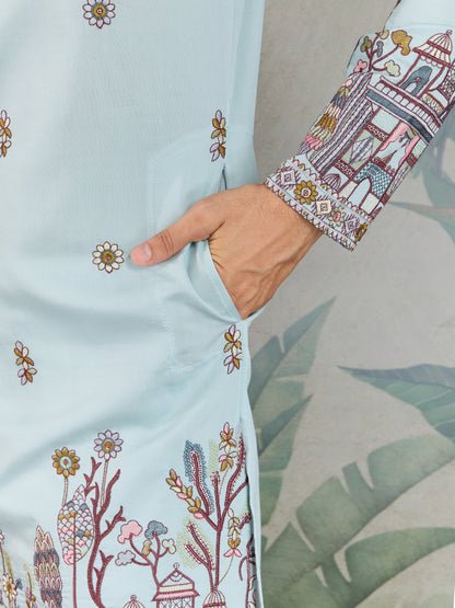 Sky Blue Embroidered Kurta with Dupatta – Festive & Wedding Wear