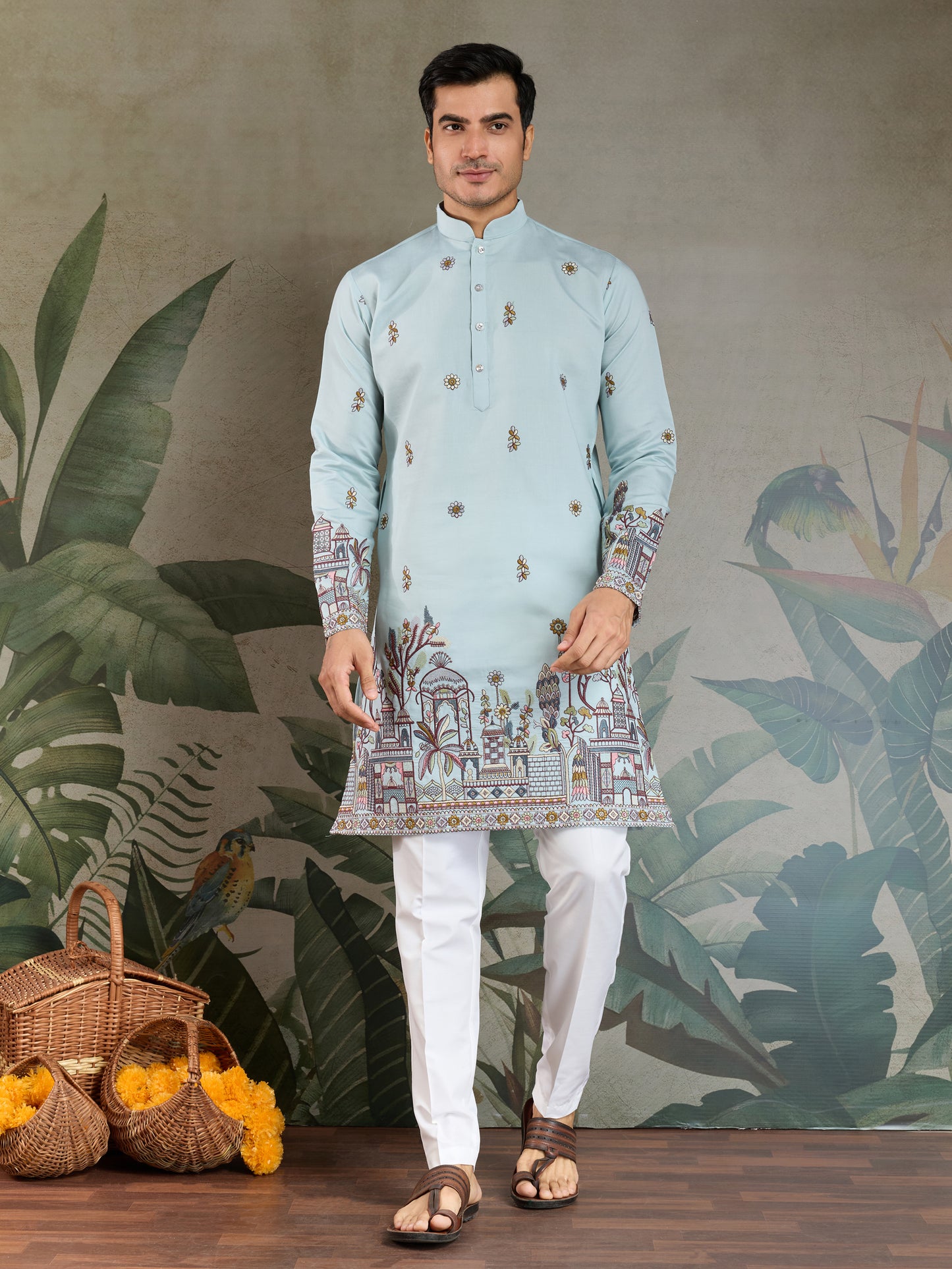 Sky Blue Embroidered Kurta with Dupatta – Festive & Wedding Wear