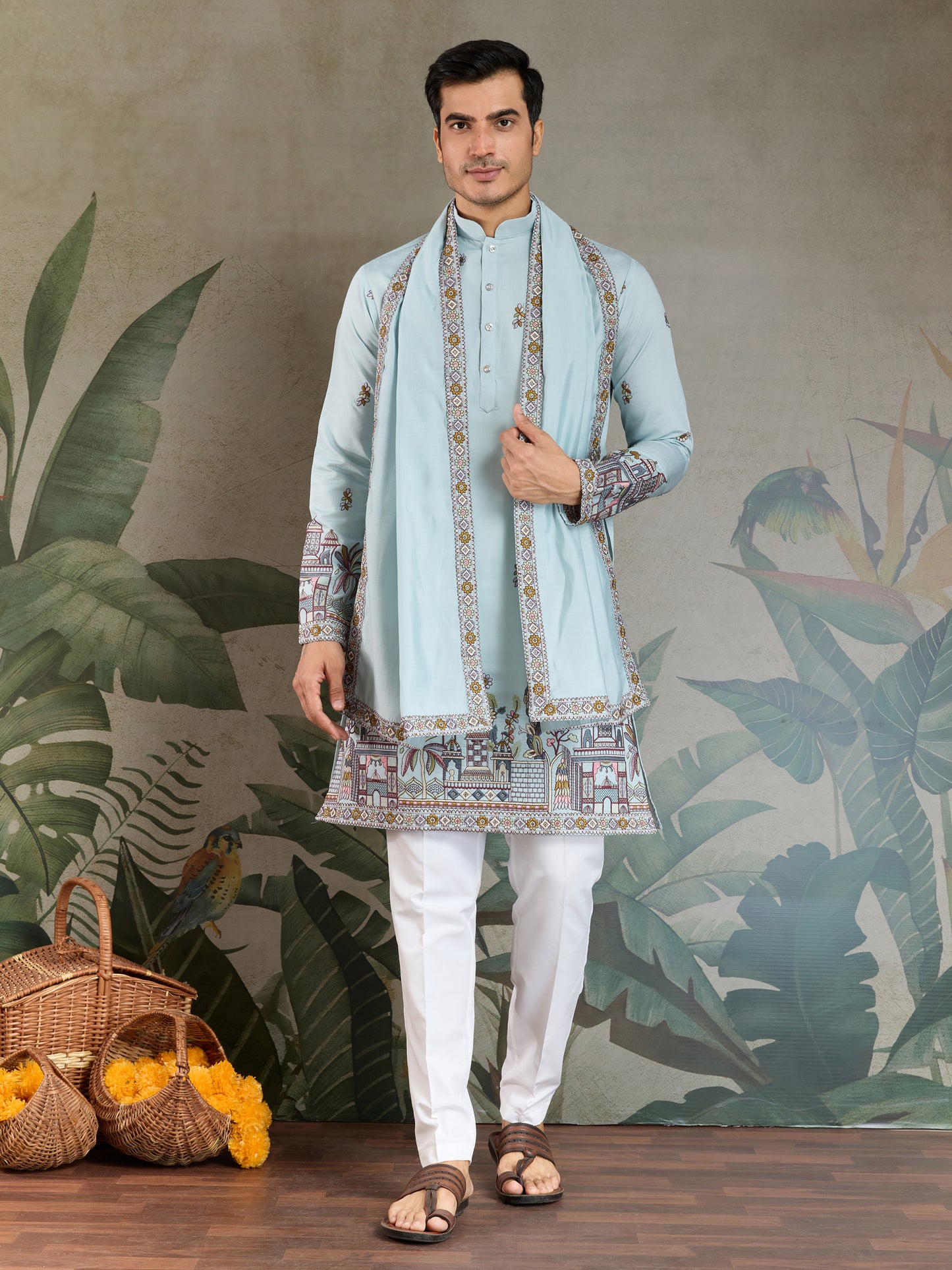Sky Blue Embroidered Kurta with Dupatta – Festive & Wedding Wear