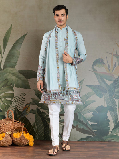 Sky Blue Embroidered Kurta with Dupatta – Festive & Wedding Wear