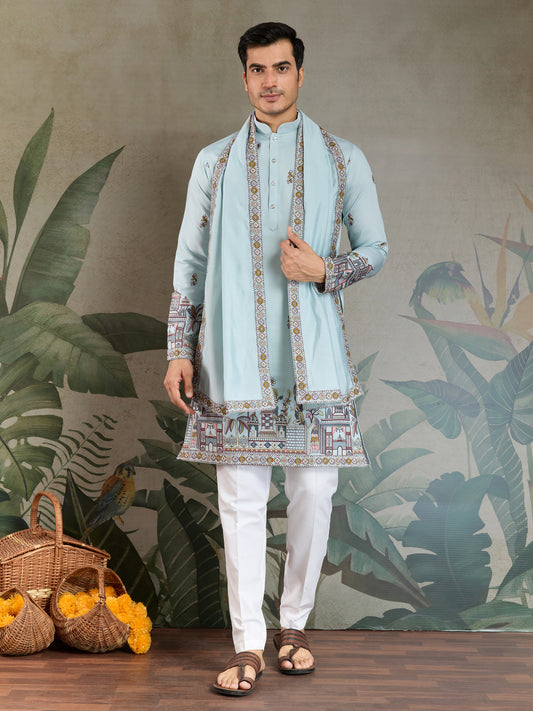 Sky Blue Embroidered Kurta with Dupatta – Festive & Wedding Wear
