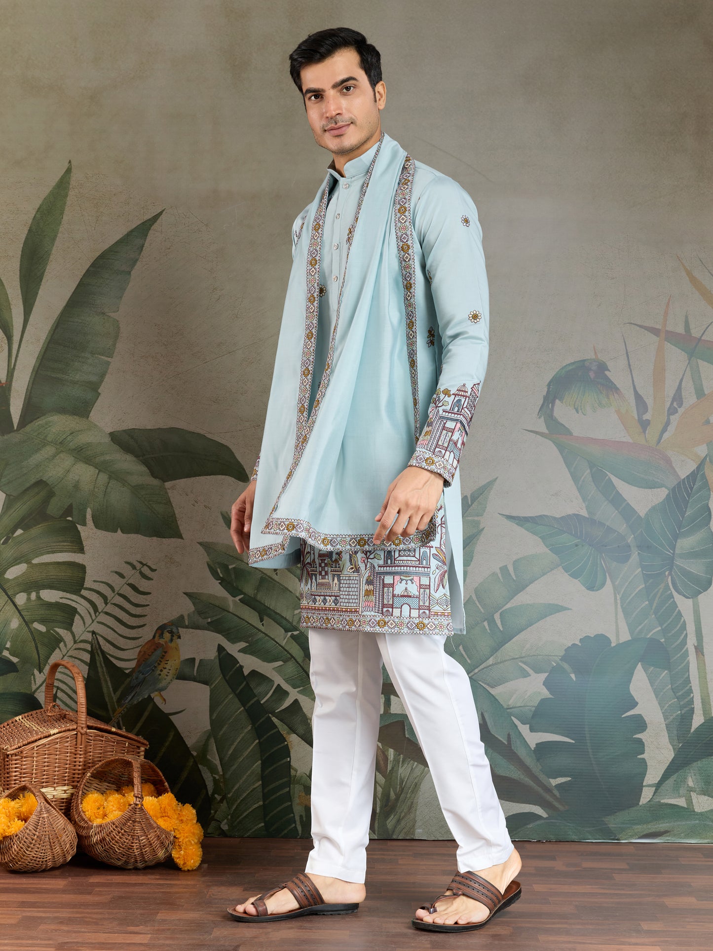 Sky Blue Embroidered Kurta with Dupatta – Festive & Wedding Wear