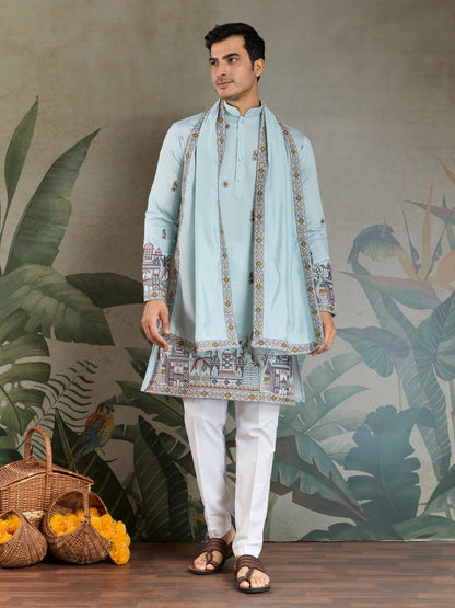 Sky Blue Embroidered Kurta with Dupatta – Festive & Wedding Wear