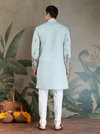 Sky Blue Embroidered Kurta with Dupatta – Festive & Wedding Wear