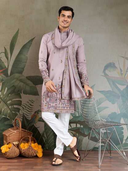 Men's Embroidered Light Purple Kurta Set with Dupatta