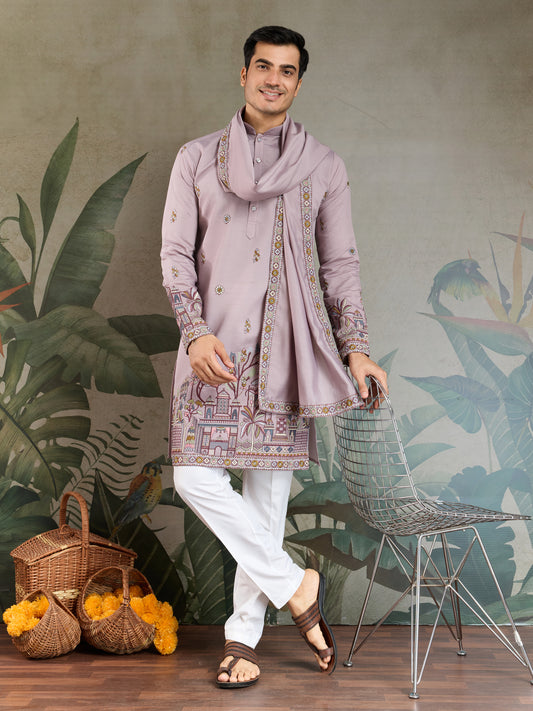 Men's Embroidered Light Purple Kurta Set with Dupatta