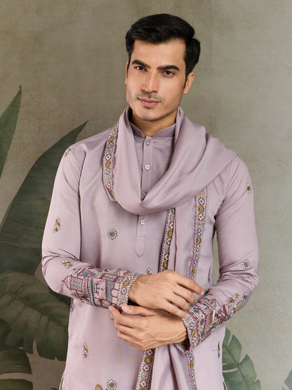Men's Embroidered Light Purple Kurta Set with Dupatta