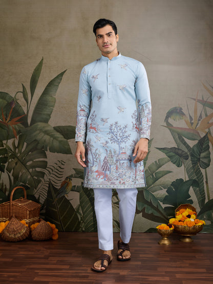 Sky Blue Jungle Tales Kurta – Regal Elegance in Every Thread