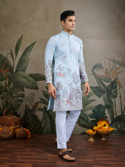 Sky Blue Jungle Tales Kurta – Regal Elegance in Every Thread