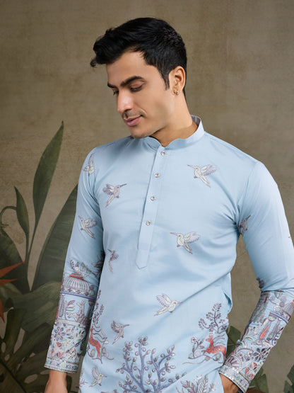 Sky Blue Jungle Tales Kurta – Regal Elegance in Every Thread