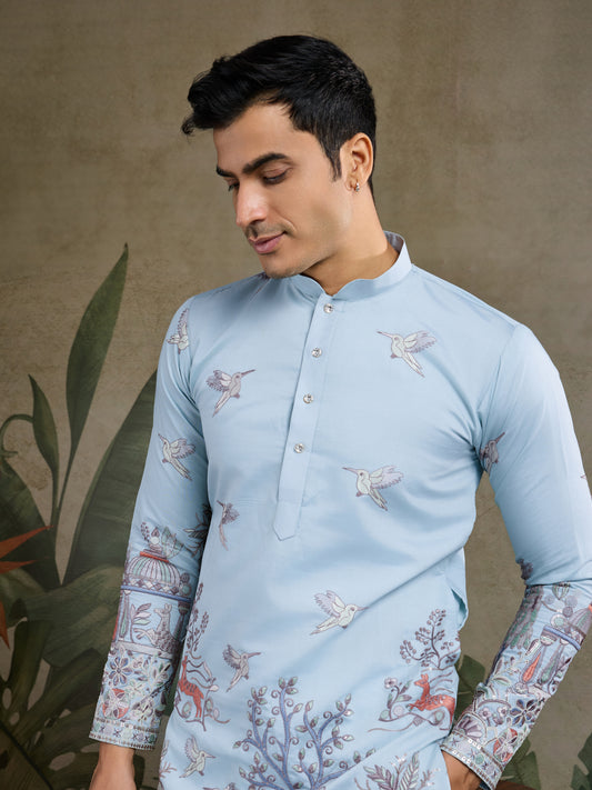 Sky Blue Jungle Tales Kurta – Regal Elegance in Every Thread