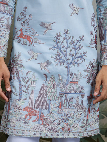 Sky Blue Jungle Tales Kurta – Regal Elegance in Every Thread