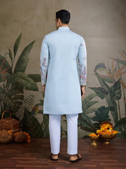 Sky Blue Jungle Tales Kurta – Regal Elegance in Every Thread