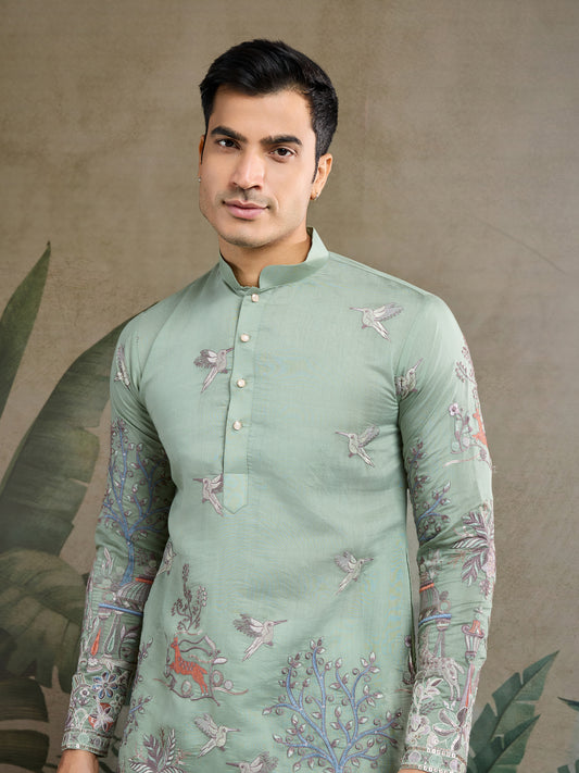 Pista Green Embroidered Celebration Kurta