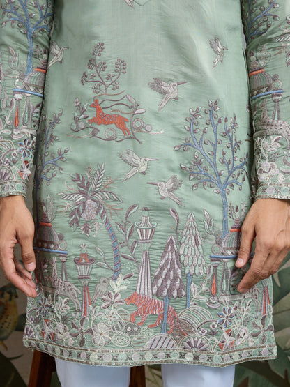 Pista Green Embroidered Celebration Kurta