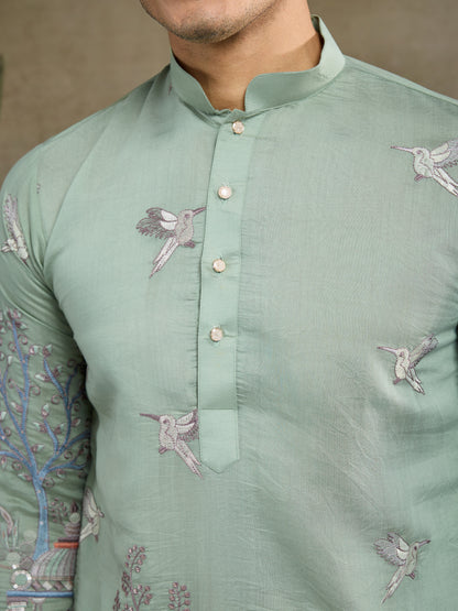 Pista Green Embroidered Celebration Kurta