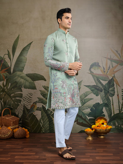Pista Green Embroidered Celebration Kurta