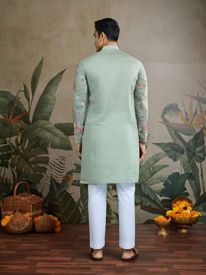 Pista Green Embroidered Celebration Kurta