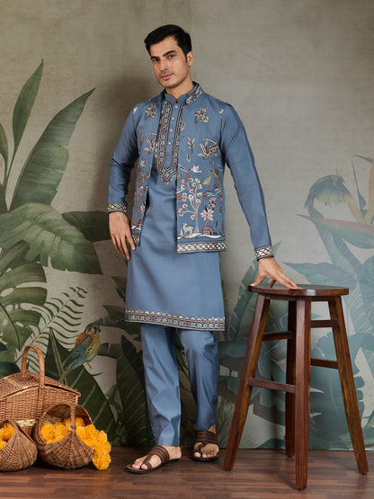 Elegant Blue Embroidered Kurta Set with Jacket