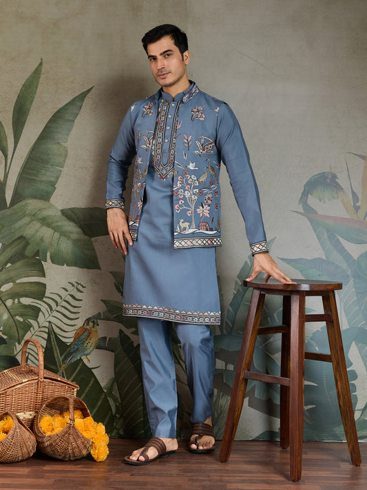 Elegant Blue Embroidered Kurta Set with Jacket