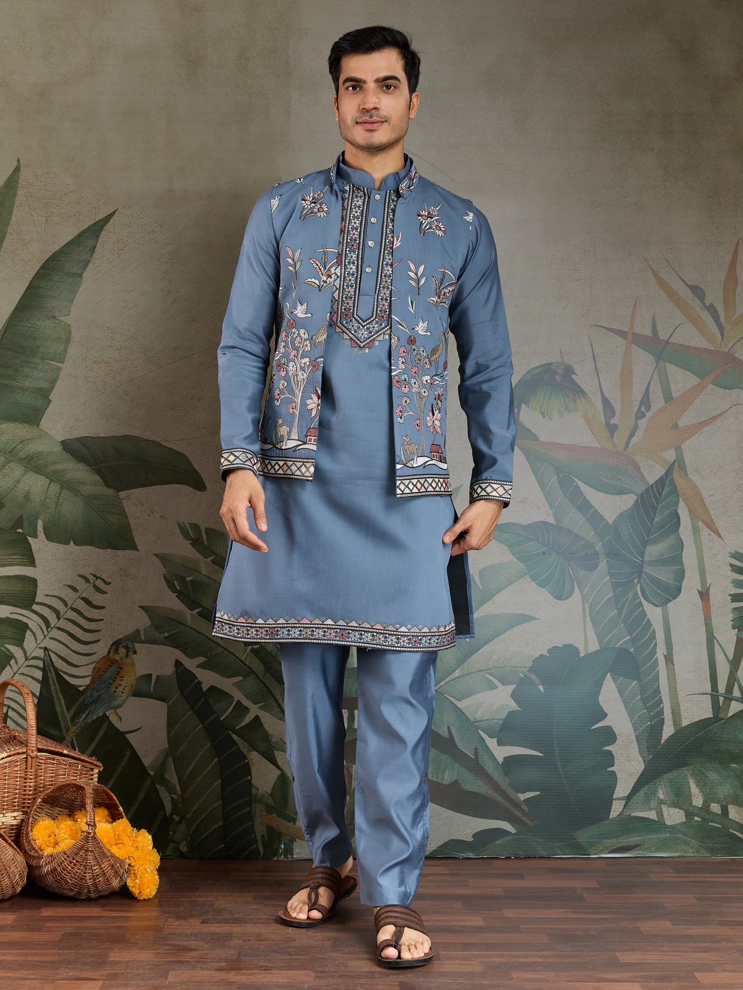 Elegant Blue Embroidered Kurta Set with Jacket