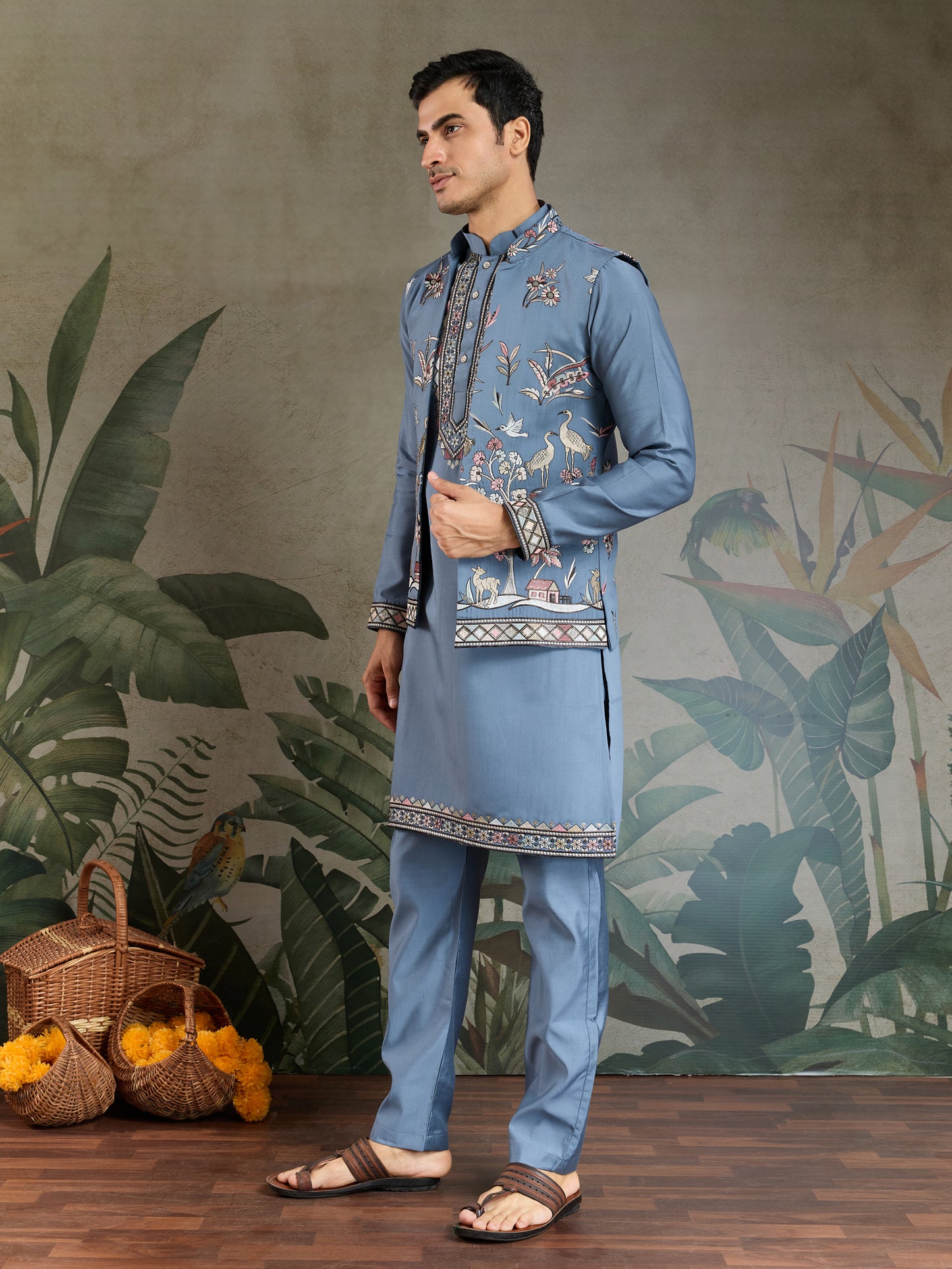 Elegant Blue Embroidered Kurta Set with Jacket