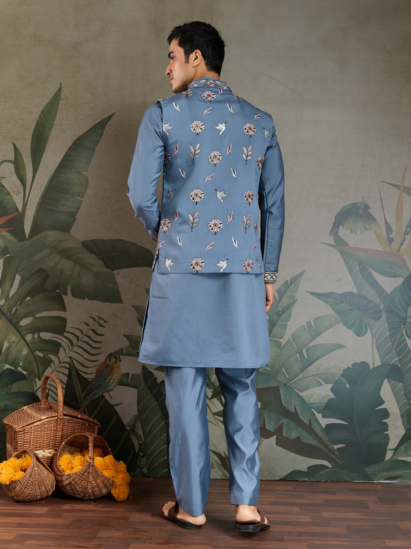 Elegant Blue Embroidered Kurta Set with Jacket