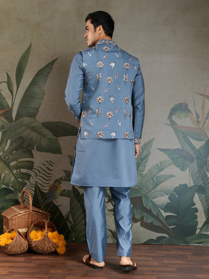 Elegant Blue Embroidered Kurta Set with Jacket