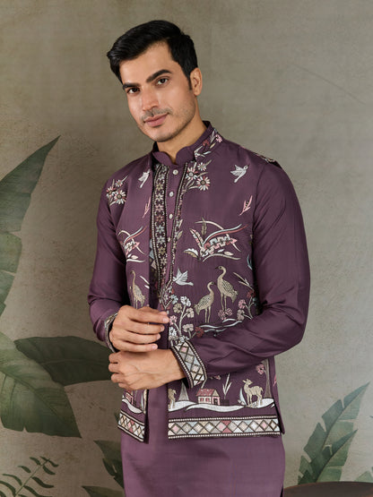 Men’s RUST PURPLE Embroidered Kurta Set with Jacket – Festive & Wedding Wear