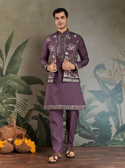 Men’s RUST PURPLE Embroidered Kurta Set with Jacket – Festive & Wedding Wear