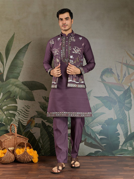Men’s RUST PURPLE Embroidered Kurta Set with Jacket – Festive & Wedding Wear