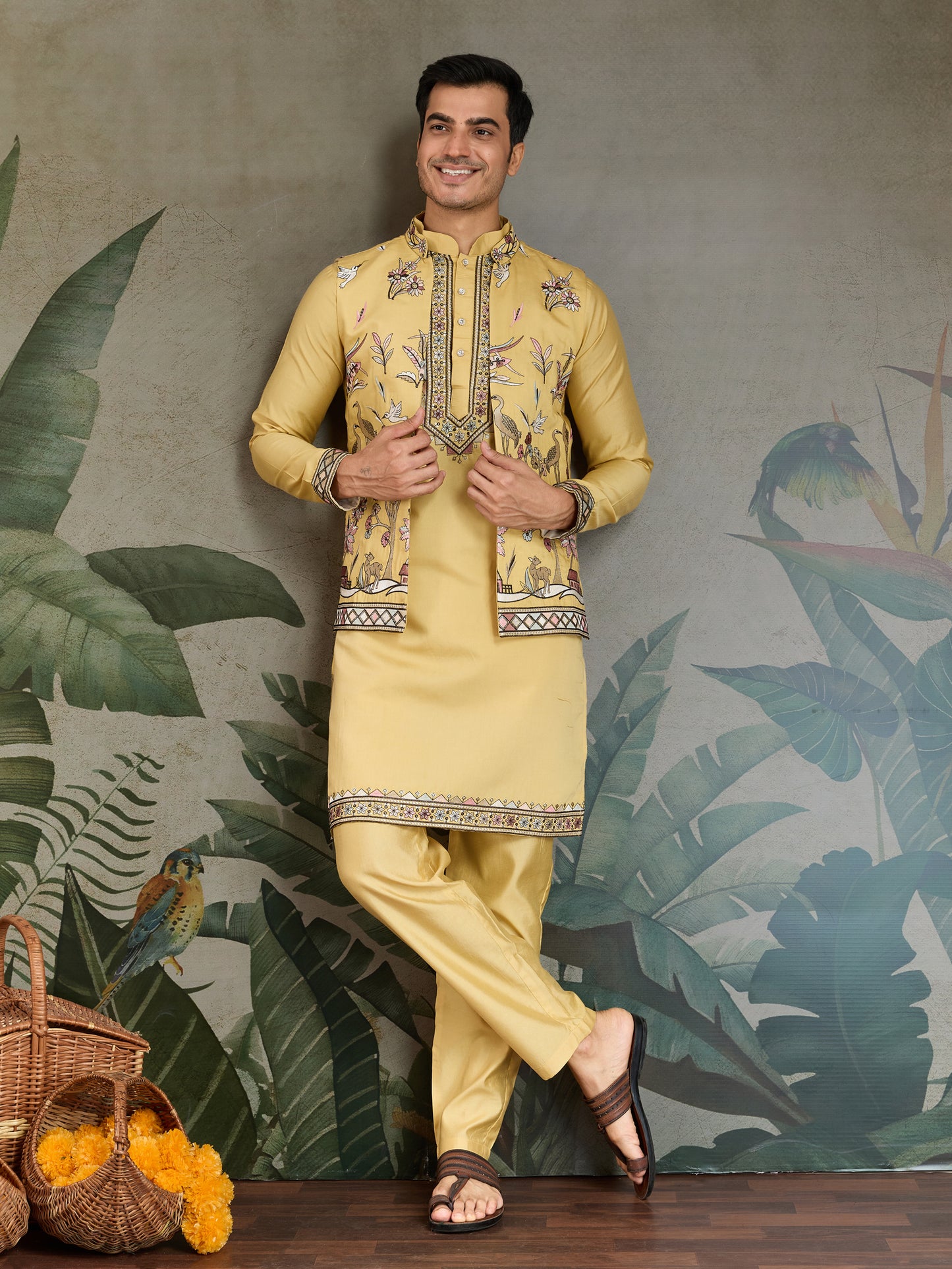 Mustard Yellow Embroidered Kurta Set with Printed Nehru Jacket