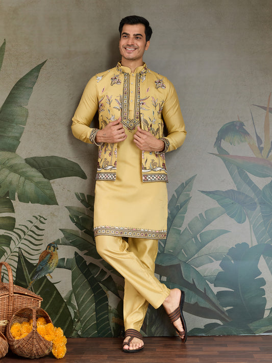 Mustard Yellow Embroidered Kurta Set with Printed Nehru Jacket