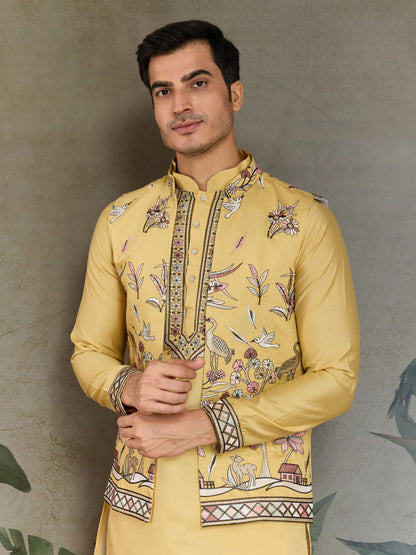 Mustard Yellow Embroidered Kurta Set with Printed Nehru Jacket