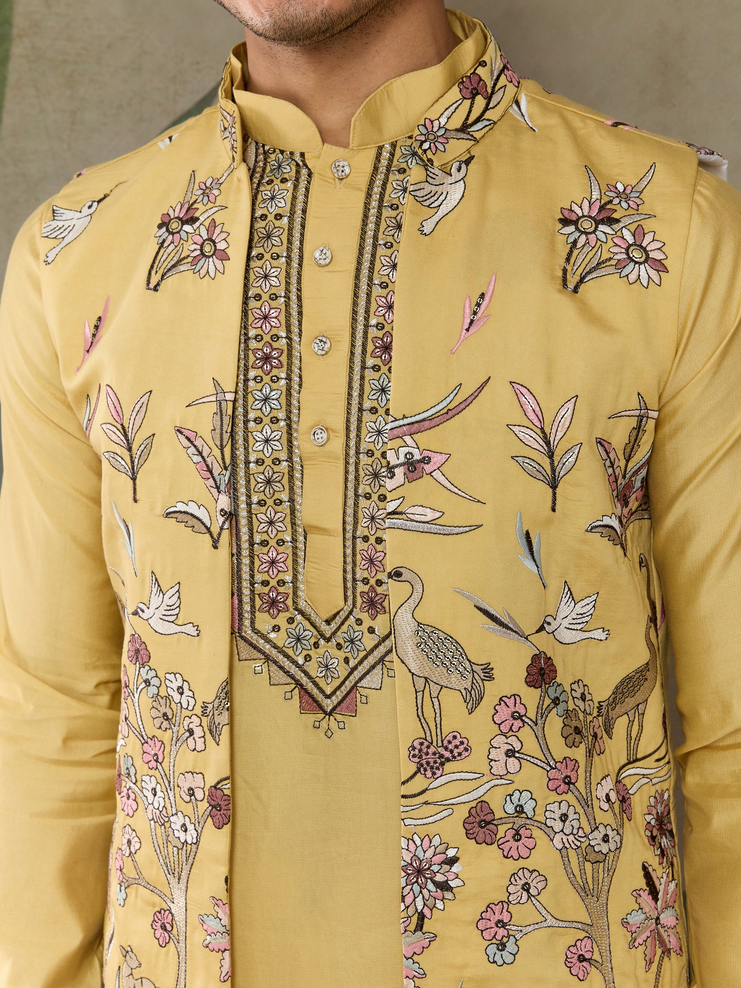 Mustard Yellow Embroidered Kurta Set with Printed Nehru Jacket