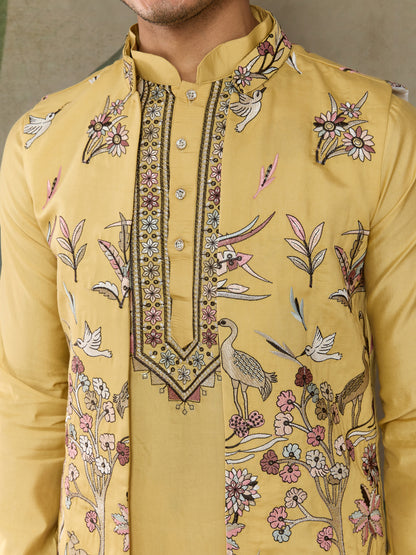 Mustard Yellow Embroidered Kurta Set with Printed Nehru Jacket