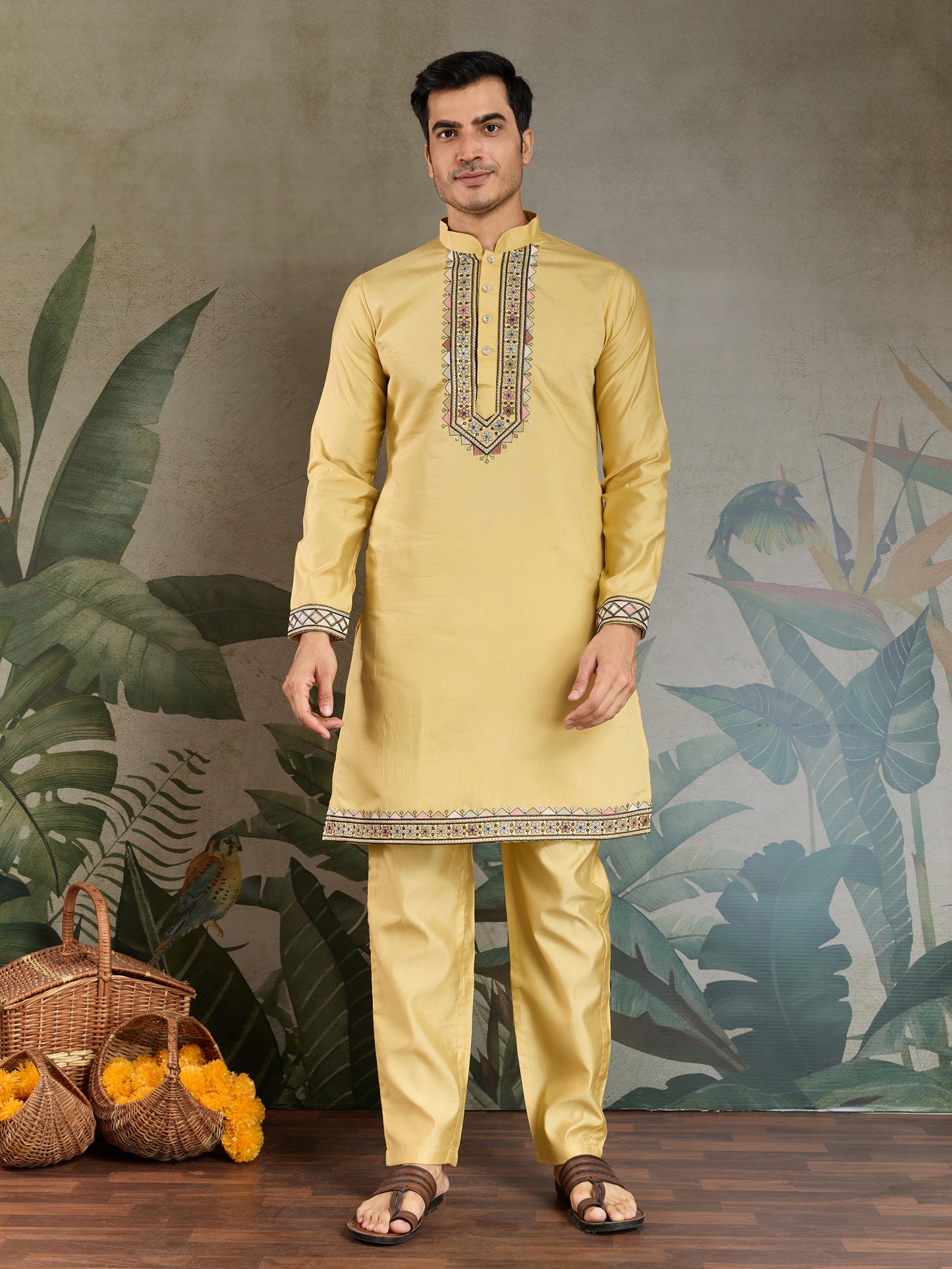 Mustard Yellow Embroidered Kurta Set with Printed Nehru Jacket