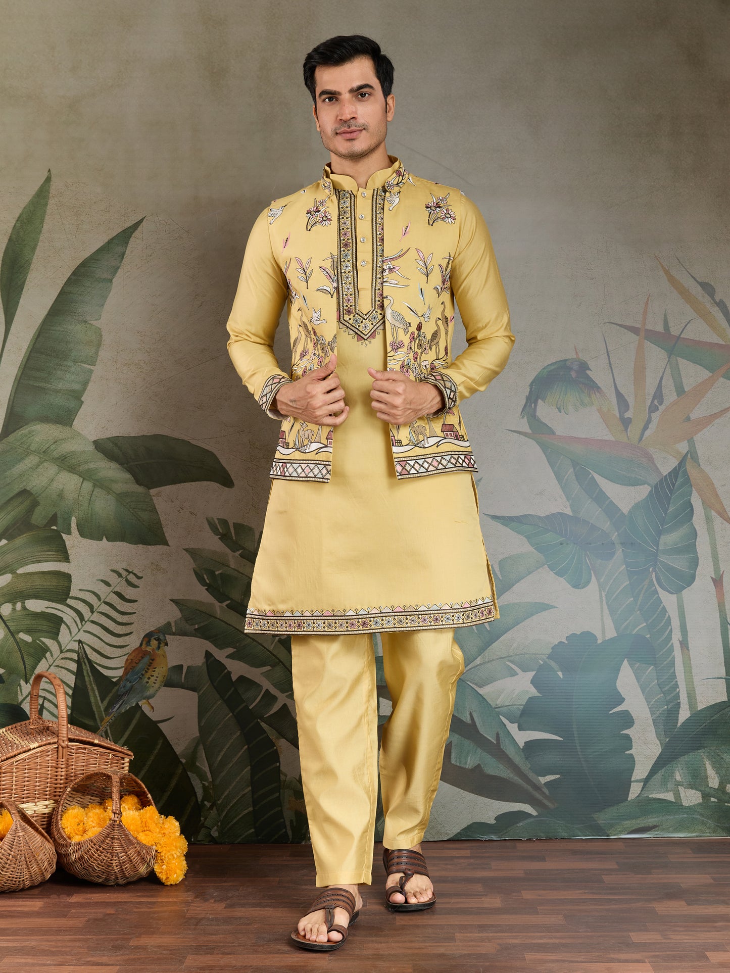 Mustard Yellow Embroidered Kurta Set with Printed Nehru Jacket
