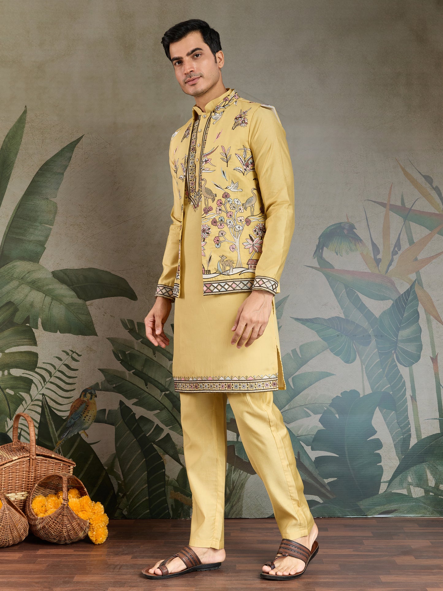 Mustard Yellow Embroidered Kurta Set with Printed Nehru Jacket