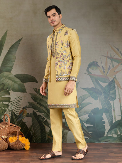 Mustard Yellow Embroidered Kurta Set with Printed Nehru Jacket