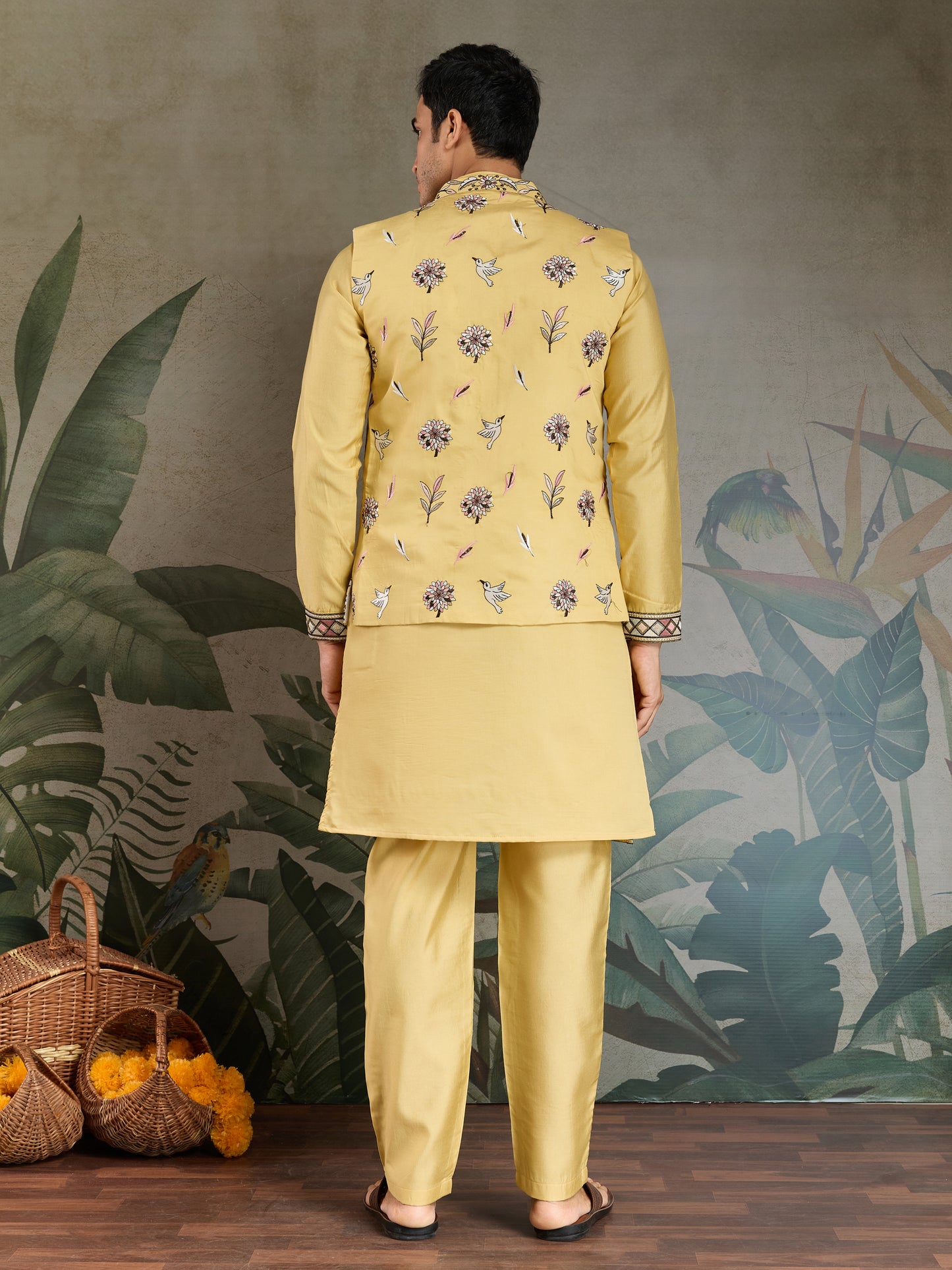 Mustard Yellow Embroidered Kurta Set with Printed Nehru Jacket