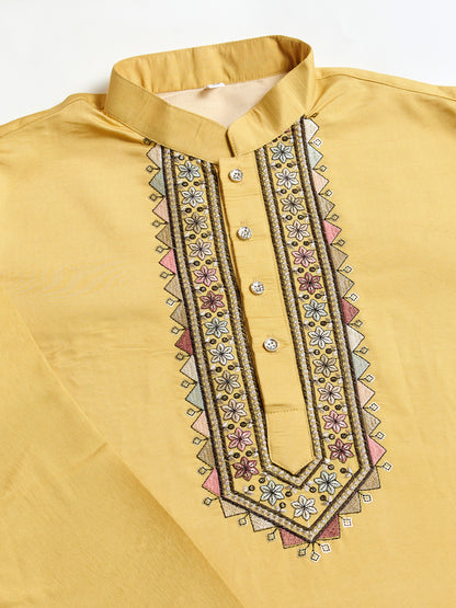 Mustard Yellow Embroidered Kurta Set with Printed Nehru Jacket